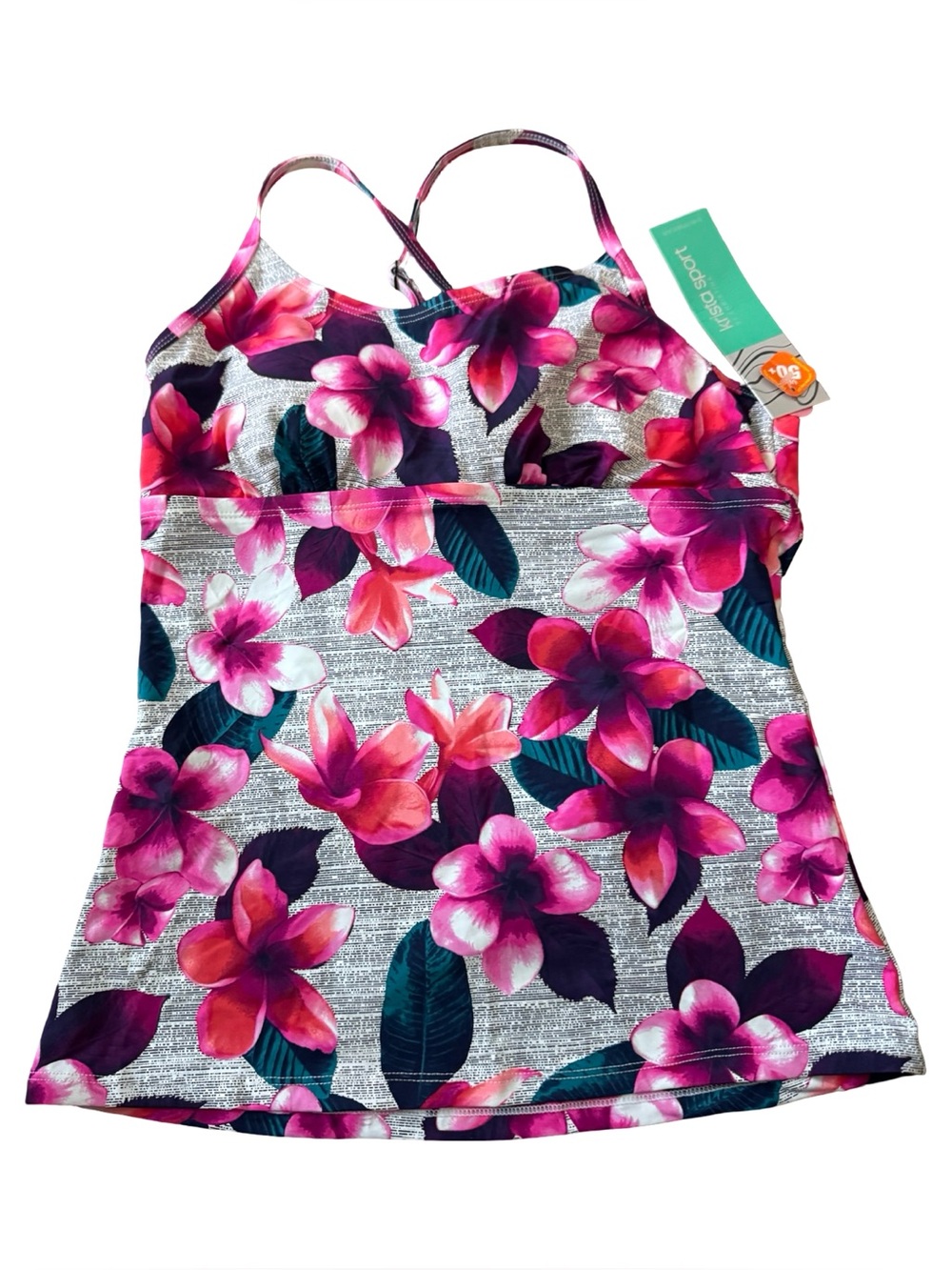 Krista Sport Tankini Top Pink Floral UPF 50+ Cross Back Built-In Bra S NWT